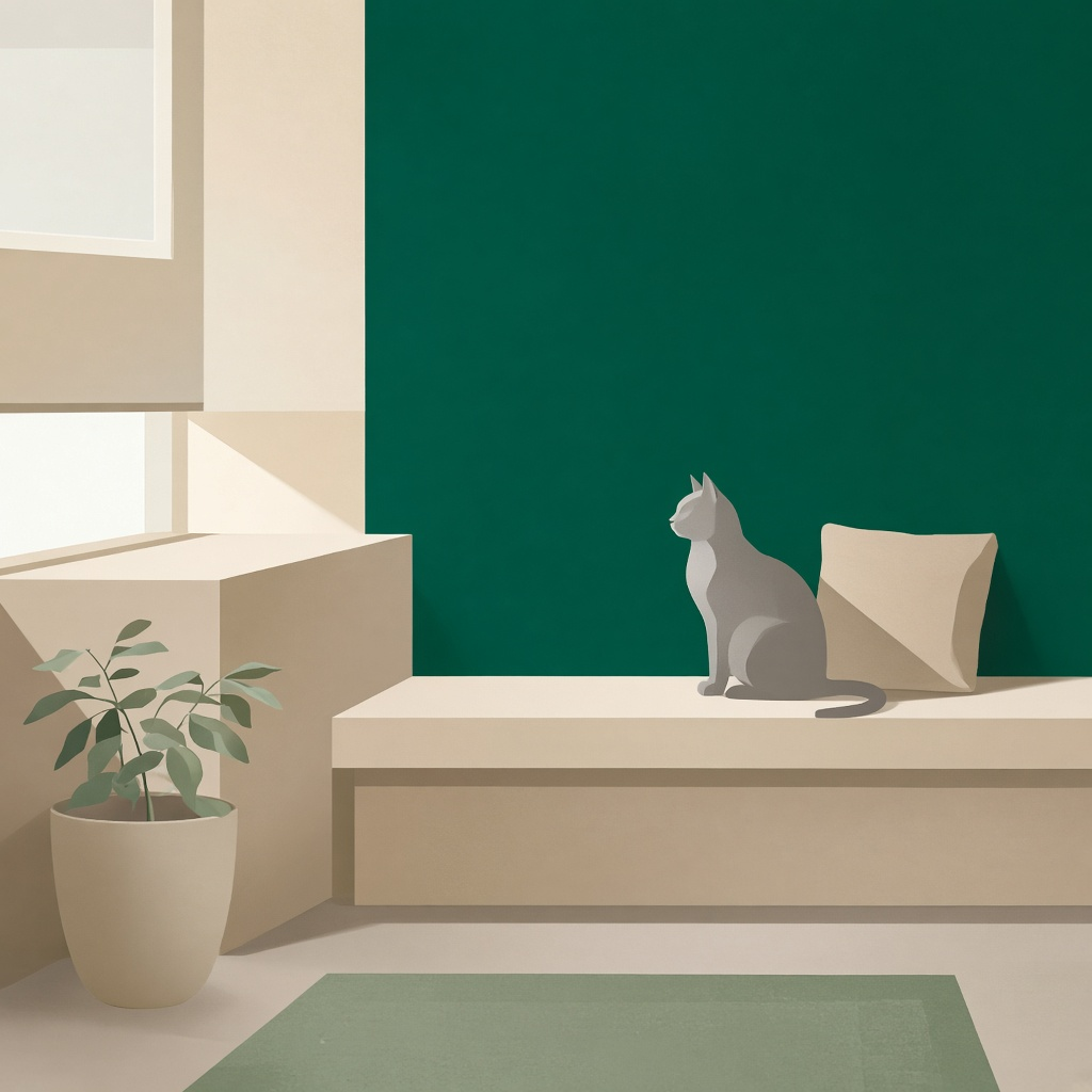 Geometric waiting corner with a cat silhouette