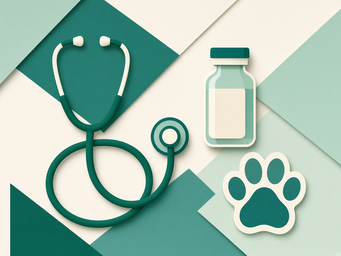 Geometric still life of a stethoscope, vial, and paw mark